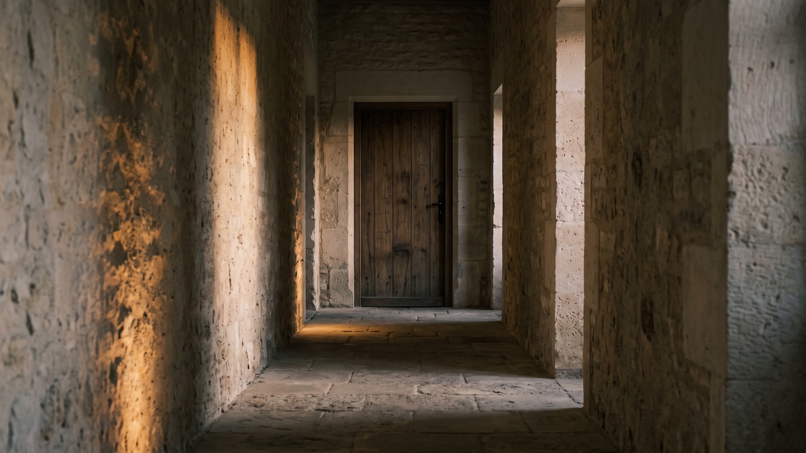 A long stone corridor at dusk, light falling across a closed doorway